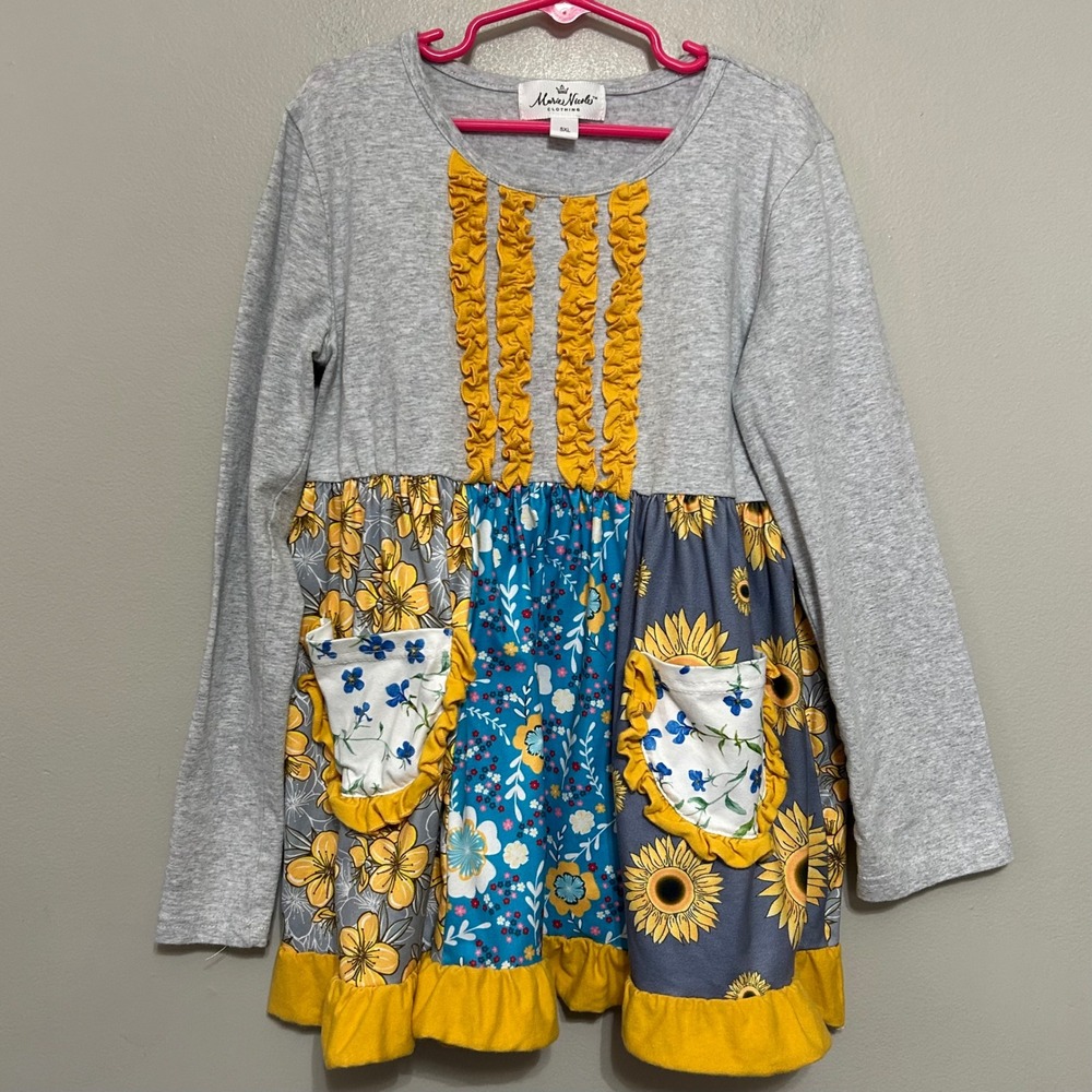 Marie Nicole Girls Dress 5 XL Gray Blue Yellow Sunflower Cottagecore Patchwork